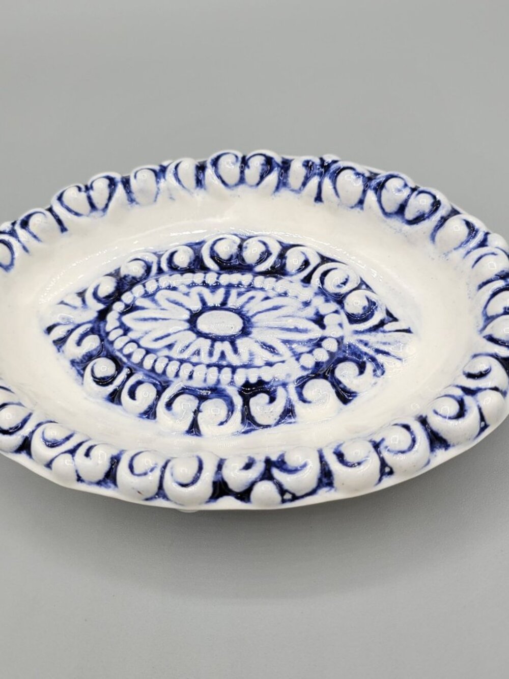 Hand Painted Blue White Trinket Soap Ceramic Dish Footed Oval Signed 1975